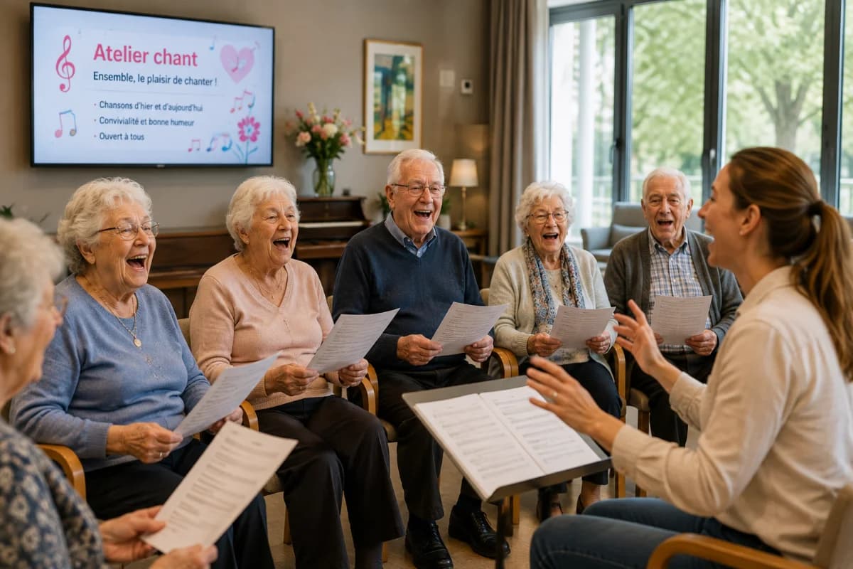 Atelier chant dans le salon d'une résidence, avec l'écran engagewall au mur